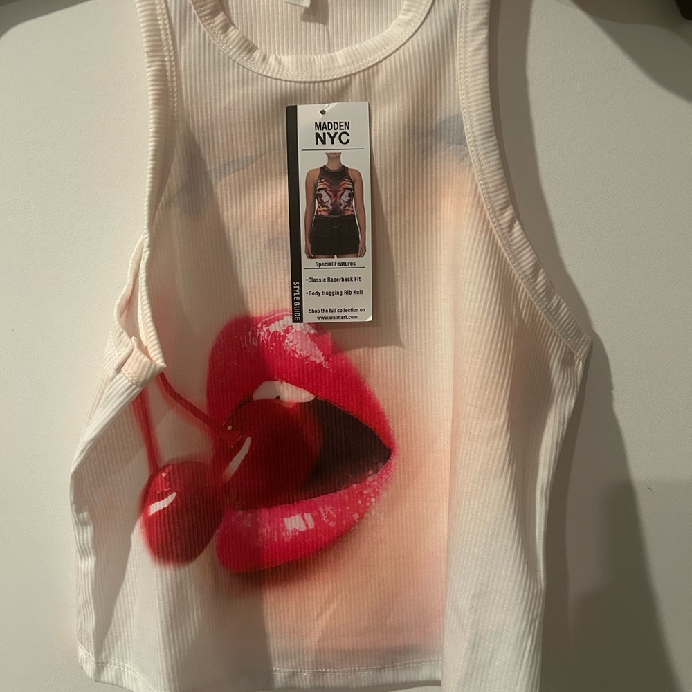 Madden NYC Women’s White Tank Top with Red Graphic